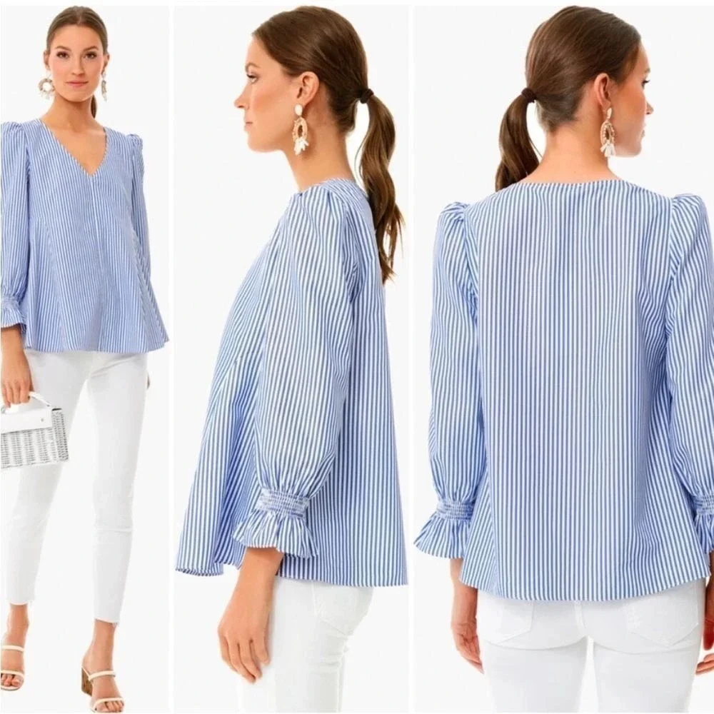 Tuckernuck‎ Easton Smocked Ruffle Top Blue White Striped Puff XS Preppy Coastal